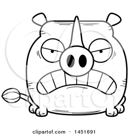 Clipart Graphic of a Cartoon Black and White Lineart Mad Rhinoceros Character Mascot - Royalty Free Vector Illustration by Cory Thoman