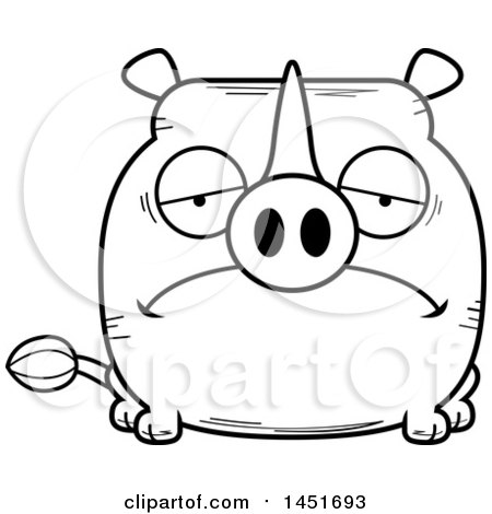 Clipart Graphic of a Cartoon Black and White Lineart Sad Rhinoceros Character Mascot - Royalty Free Vector Illustration by Cory Thoman