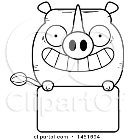 Clipart Graphic of a Cartoon Black and White Lineart Rhinoceros Character Mascot over a Blank Sign - Royalty Free Vector Illustration by Cory Thoman