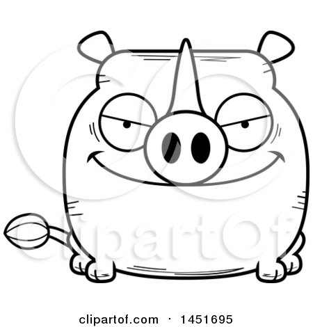 Clipart Graphic of a Cartoon Black and White Lineart Sly Rhinoceros Character Mascot - Royalty Free Vector Illustration by Cory Thoman
