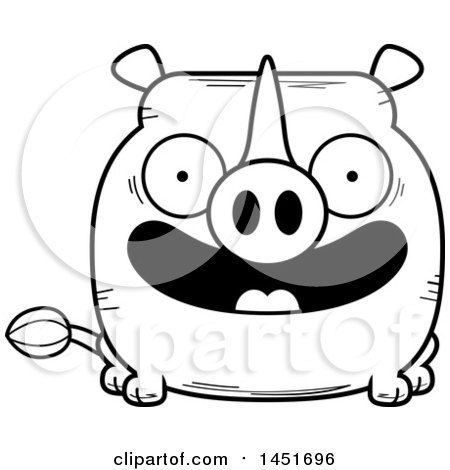 Clipart Graphic of a Cartoon Black and White Lineart Smiling Rhinoceros Character Mascot - Royalty Free Vector Illustration by Cory Thoman