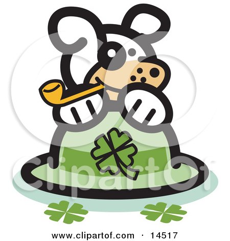 Dog Smoking A Tobacco Pipe And Resting On A St Patrick's Day Hat With Clovers Clipart Illustration by Andy Nortnik