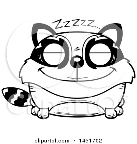 Clipart Graphic of a Cartoon Black and White Lineart Sleeping Raccoon Character Mascot - Royalty Free Vector Illustration by Cory Thoman