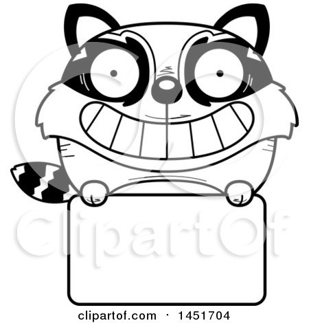 Clipart Graphic of a Cartoon Black and White Lineart Raccoon Character Mascot over a Blank Sign - Royalty Free Vector Illustration by Cory Thoman