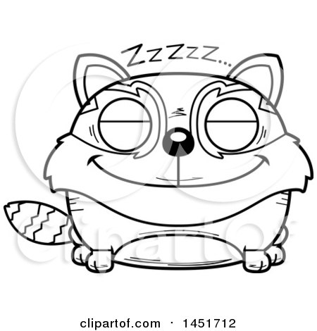 Clipart Graphic of a Cartoon Black and White Lineart Sleeping Red Panda Character Mascot - Royalty Free Vector Illustration by Cory Thoman