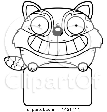 Clipart Graphic of a Cartoon Black and White Lineart Red Panda Character Mascot over a Blank Sign - Royalty Free Vector Illustration by Cory Thoman