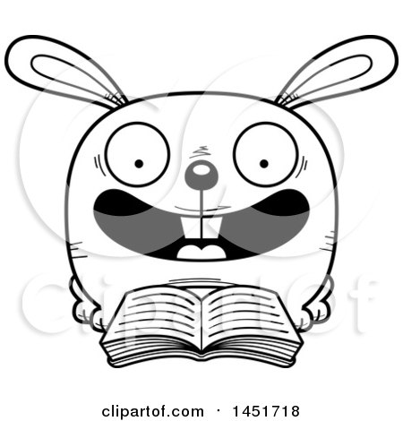 Clipart Graphic of a Cartoon Black and White Lineart Reading Bunny Rabbit Character Mascot - Royalty Free Vector Illustration by Cory Thoman