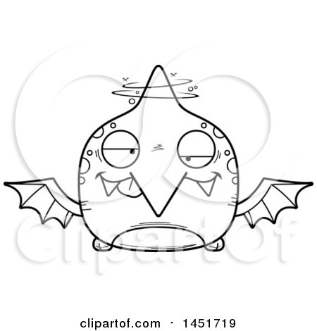 Clipart Graphic of a Cartoon Black and White Lineart Drunk Pterodactyl Character Mascot - Royalty Free Vector Illustration by Cory Thoman
