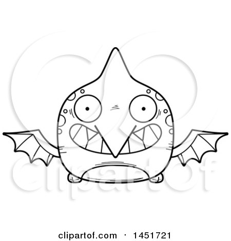 Clipart Graphic of a Cartoon Black and White Lineart Grinning Pterodactyl Character Mascot - Royalty Free Vector Illustration by Cory Thoman