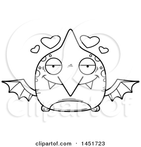 Clipart Graphic of a Cartoon Black and White Lineart Loving Pterodactyl Character Mascot - Royalty Free Vector Illustration by Cory Thoman