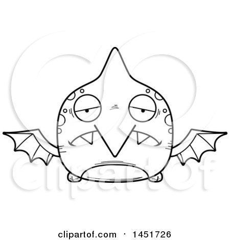 Clipart Graphic of a Cartoon Black and White Lineart Sad Pterodactyl Character Mascot - Royalty Free Vector Illustration by Cory Thoman