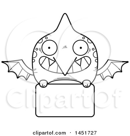 Clipart Graphic of a Cartoon Black and White Lineart Pterodactyl Character Mascot over a Blank Sign - Royalty Free Vector Illustration by Cory Thoman
