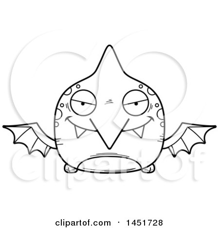 Clipart Graphic of a Cartoon Black and White Lineart Sly Pterodactyl Character Mascot - Royalty Free Vector Illustration by Cory Thoman