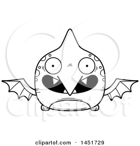 Clipart Graphic of a Cartoon Black and White Lineart Smiling Pterodactyl Character Mascot - Royalty Free Vector Illustration by Cory Thoman