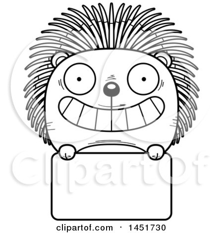 Clipart Graphic of a Cartoon Black and White Lineart Porcupine Character Mascot over a Blank Sign - Royalty Free Vector Illustration by Cory Thoman
