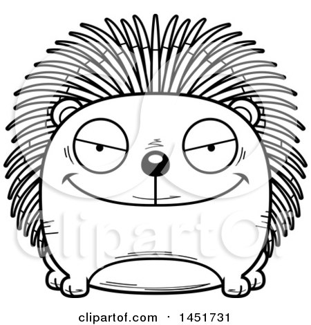 Clipart Graphic of a Cartoon Black and White Lineart Sly Porcupine Character Mascot - Royalty Free Vector Illustration by Cory Thoman