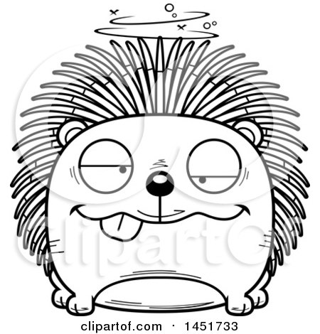 Clipart Graphic of a Cartoon Black and White Lineart Drunk Porcupine Character Mascot - Royalty Free Vector Illustration by Cory Thoman