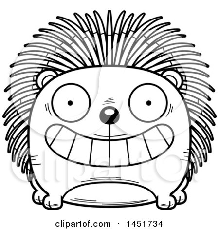 Clipart Graphic of a Cartoon Black and White Lineart Grinning Porcupine Character Mascot - Royalty Free Vector Illustration by Cory Thoman