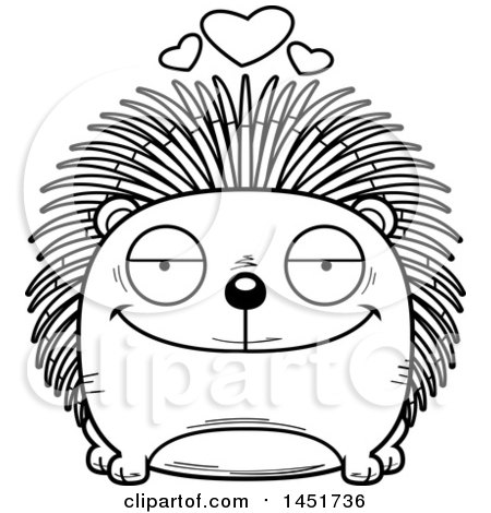 Clipart Graphic of a Cartoon Black and White Lineart Loving Porcupine Character Mascot - Royalty Free Vector Illustration by Cory Thoman