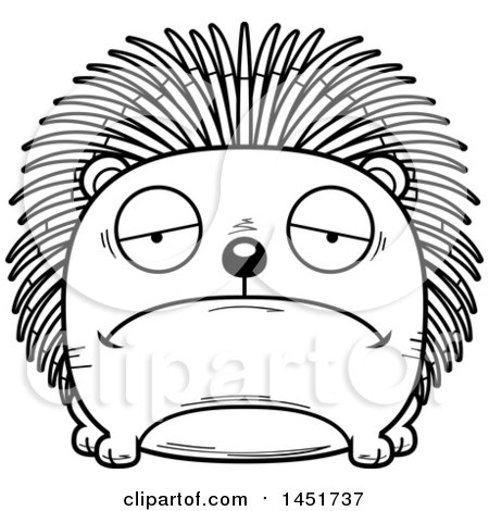 Clipart Graphic of a Cartoon Black and White Lineart Sad Porcupine Character Mascot - Royalty Free Vector Illustration by Cory Thoman