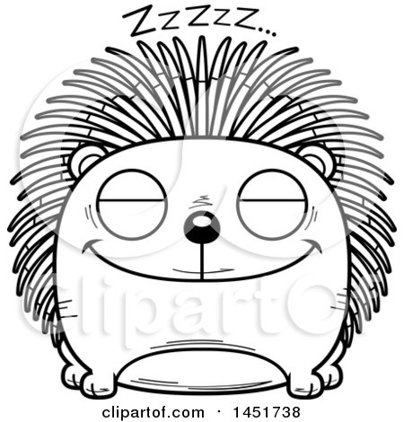 Clipart Graphic of a Cartoon Black and White Lineart Sleeping Porcupine Character Mascot - Royalty Free Vector Illustration by Cory Thoman