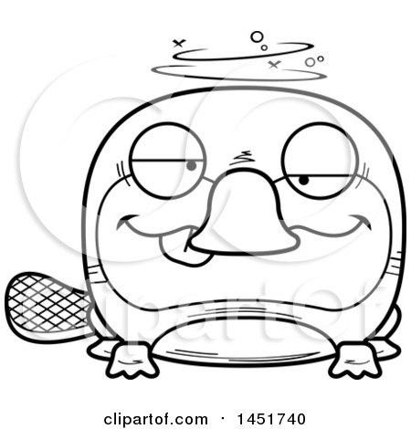 Clipart Graphic of a Cartoon Black and White Lineart Drunk Platypus Character Mascot - Royalty Free Vector Illustration by Cory Thoman