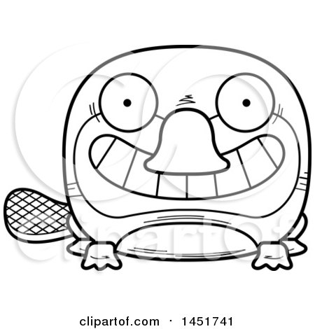 Clipart Graphic of a Cartoon Black and White Lineart Grinning Platypus Character Mascot - Royalty Free Vector Illustration by Cory Thoman