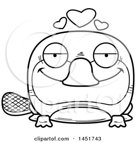 Clipart Graphic of a Cartoon Black and White Lineart Loving Platypus Character Mascot - Royalty Free Vector Illustration by Cory Thoman