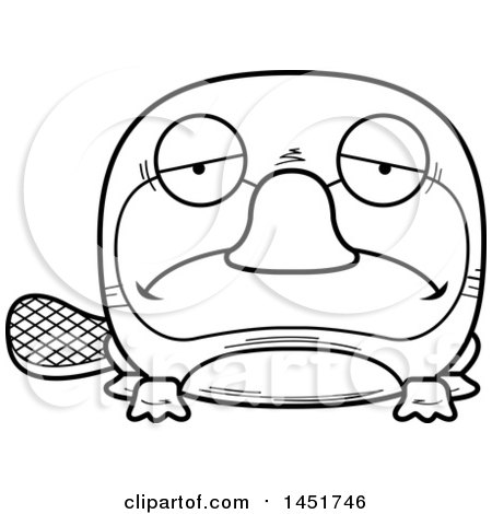 Clipart Graphic of a Cartoon Black and White Lineart Sad Platypus Character Mascot - Royalty Free Vector Illustration by Cory Thoman