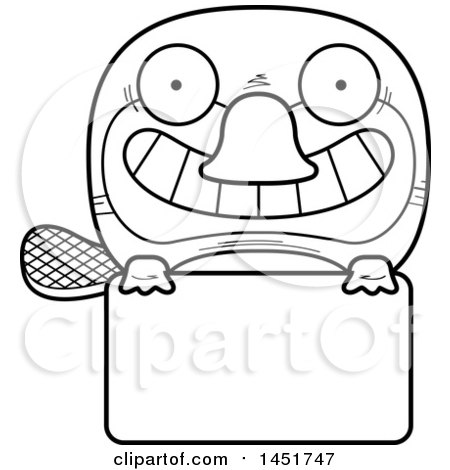 Clipart Graphic of a Cartoon Black and White Lineart Platypus Character Mascot over a Blank Sign - Royalty Free Vector Illustration by Cory Thoman