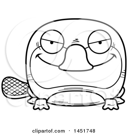 Clipart Graphic of a Cartoon Black and White Lineart Sly Platypus Character Mascot - Royalty Free Vector Illustration by Cory Thoman