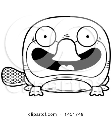 Clipart Graphic of a Cartoon Black and White Lineart Smiling Platypus Character Mascot - Royalty Free Vector Illustration by Cory Thoman