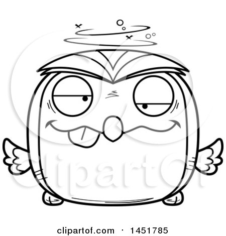 Clipart Graphic of a Cartoon Black and White Lineart Drunk Owl Character Mascot - Royalty Free Vector Illustration by Cory Thoman