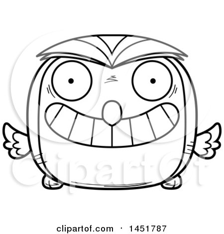 Clipart Graphic of a Cartoon Black and White Lineart Grinning Owl Character Mascot - Royalty Free Vector Illustration by Cory Thoman