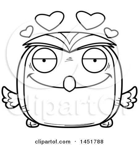 Clipart Graphic of a Cartoon Black and White Lineart Loving Owl Character Mascot - Royalty Free Vector Illustration by Cory Thoman