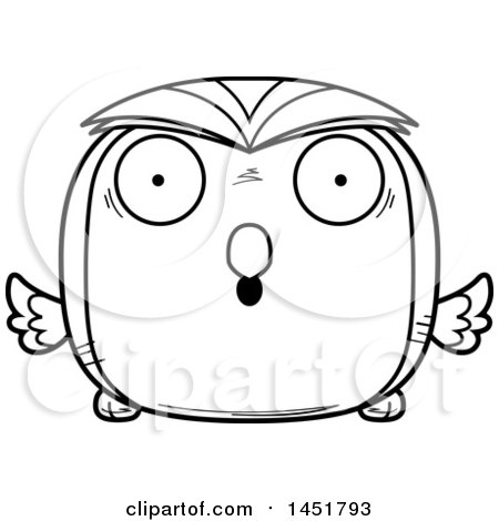 Clipart Graphic of a Cartoon Black and White Lineart Surprised Owl Character Mascot - Royalty Free Vector Illustration by Cory Thoman
