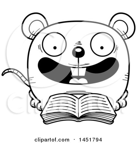 Clipart Graphic of a Cartoon Black and White Lineart Reading Mouse Character Mascot - Royalty Free Vector Illustration by Cory Thoman