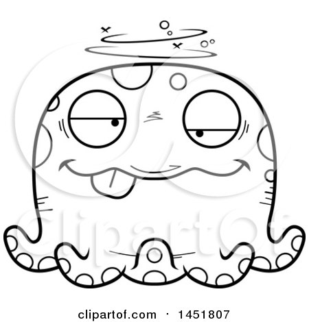 Clipart Graphic of a Cartoon Black and White Lineart Drunk Octopus Character Mascot - Royalty Free Vector Illustration by Cory Thoman