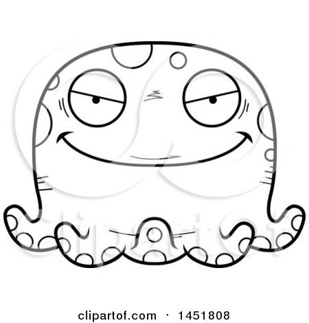 Clipart Graphic of a Cartoon Black and White Lineart Evil Octopus Character Mascot - Royalty Free Vector Illustration by Cory Thoman