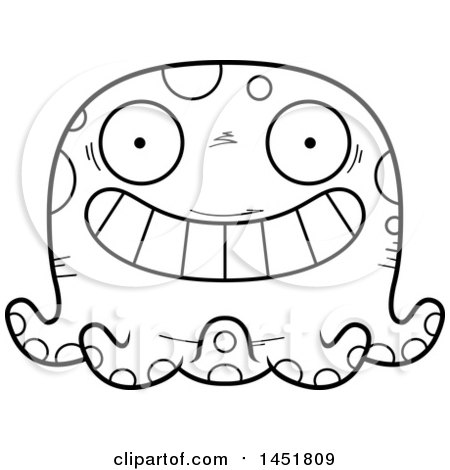 Clipart Graphic of a Cartoon Black and White Lineart Grinning Octopus Character Mascot - Royalty Free Vector Illustration by Cory Thoman