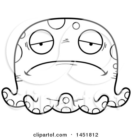 Clipart Graphic of a Cartoon Black and White Lineart Sad Octopus Character Mascot - Royalty Free Vector Illustration by Cory Thoman