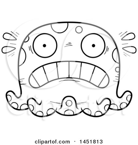 Clipart Graphic of a Cartoon Black and White Lineart Scared Octopus Character Mascot - Royalty Free Vector Illustration by Cory Thoman