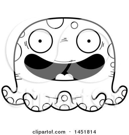 Clipart Graphic of a Cartoon Black and White Lineart Happy Octopus Character Mascot - Royalty Free Vector Illustration by Cory Thoman