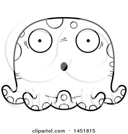 Clipart Graphic of a Cartoon Black and White Lineart Surprised Octopus Character Mascot - Royalty Free Vector Illustration by Cory Thoman