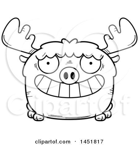 Clipart Graphic of a Cartoon Black and White Lineart Grinning Moose Character Mascot - Royalty Free Vector Illustration by Cory Thoman