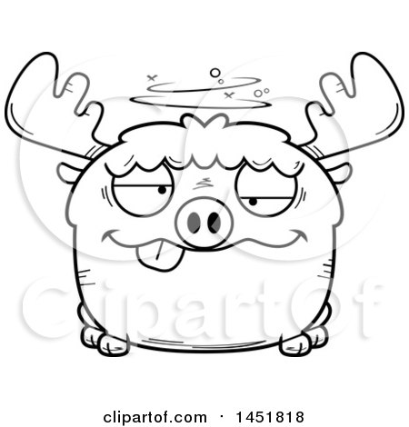 Clipart Graphic of a Cartoon Black and White Lineart Drunk Moose Character Mascot - Royalty Free Vector Illustration by Cory Thoman