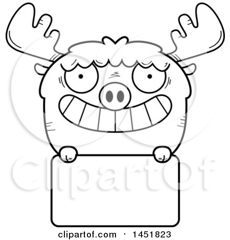 Clipart Graphic of a Cartoon Black and White Lineart Moose Character Mascot over a Blank Sign - Royalty Free Vector Illustration by Cory Thoman