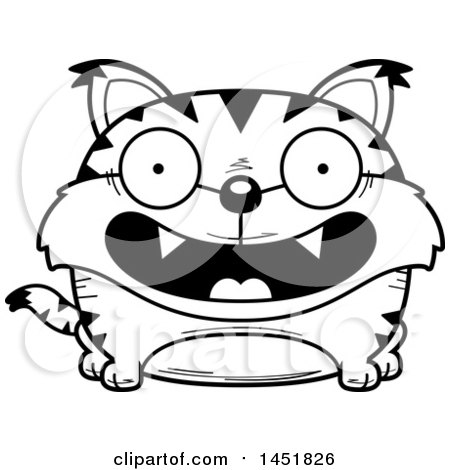 Clipart Graphic of a Cartoon Black and White Lineart Smiling Lynx Character Mascot - Royalty Free Vector Illustration by Cory Thoman