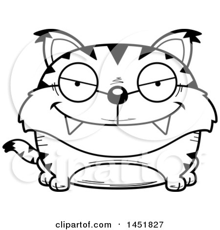 Clipart Graphic of a Cartoon Black and White Lineart Sly Lynx Character Mascot - Royalty Free Vector Illustration by Cory Thoman