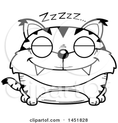 Clipart Graphic of a Cartoon Black and White Lineart Sleeping Lynx Character Mascot - Royalty Free Vector Illustration by Cory Thoman